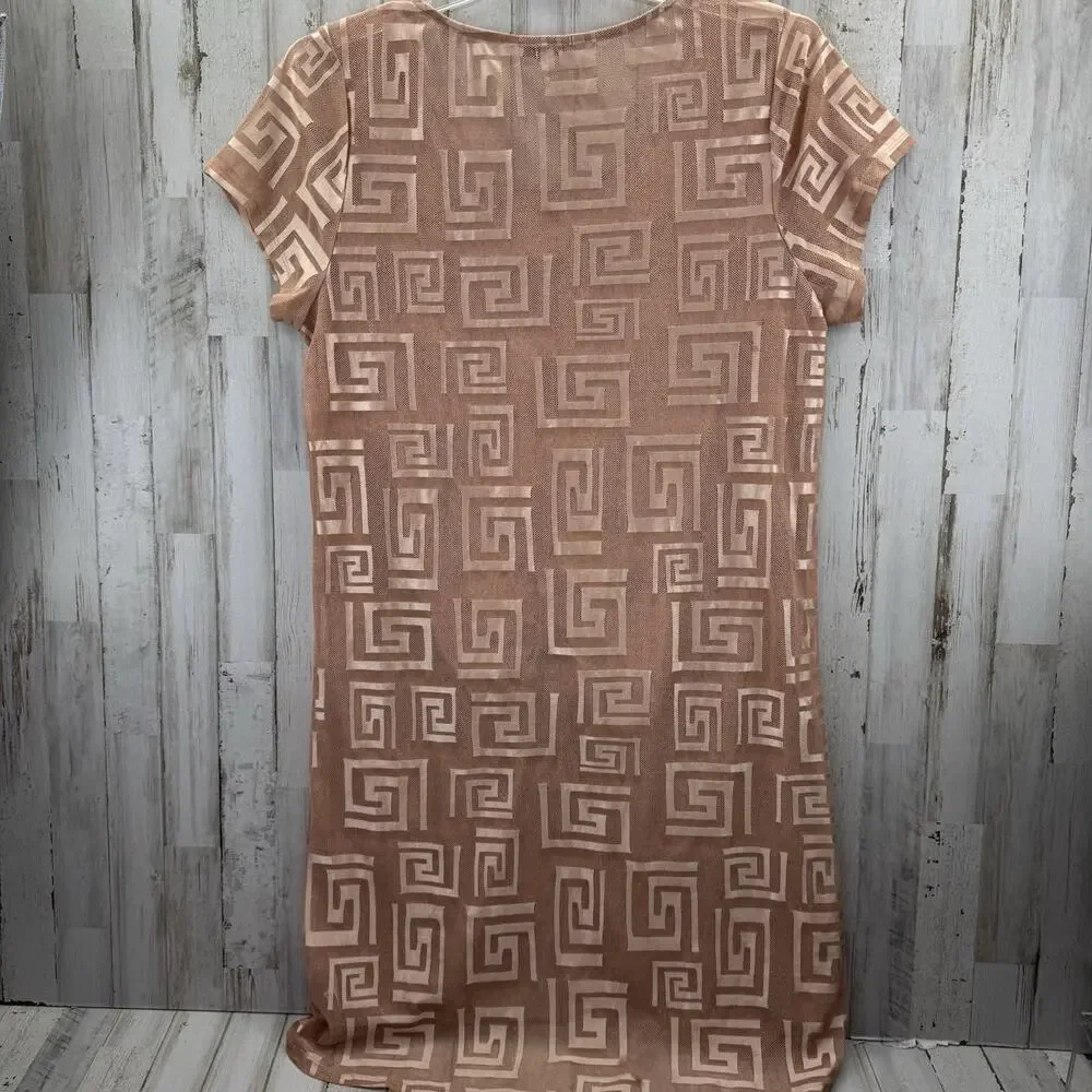 LOVE J Women's Plus Size 1X Rose Gold Short Sleeve Tie-Knot Cover-Up Sheer Dress